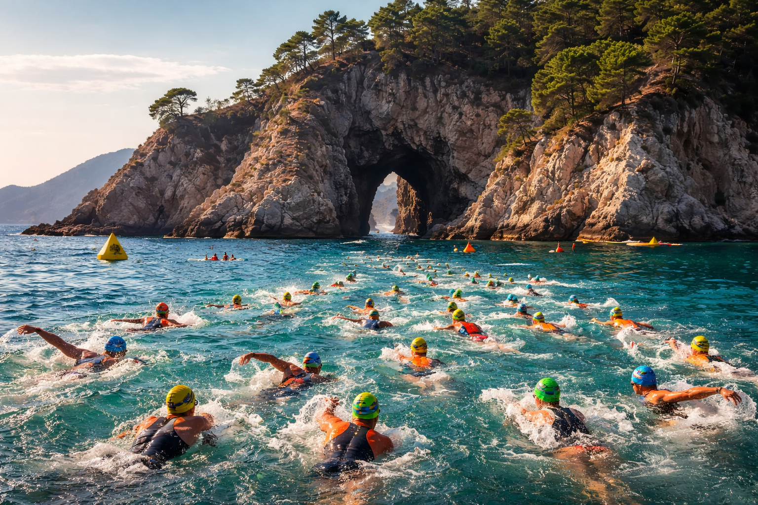 Nadadores emergiendo del agua turquesa de Cala Montgó durante la travesía SNL